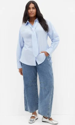 Neck Tie Cotton Stripe Shirt - sky blue