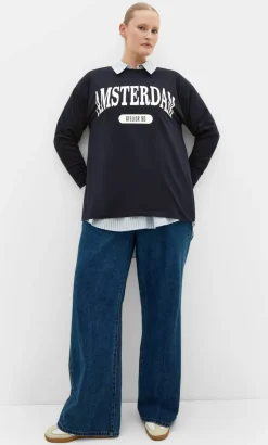 Oversized Amsterdam Long Sleeve Cotton Tee - navy