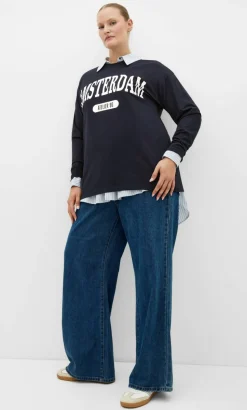 Oversized Amsterdam Long Sleeve Cotton Tee - navy