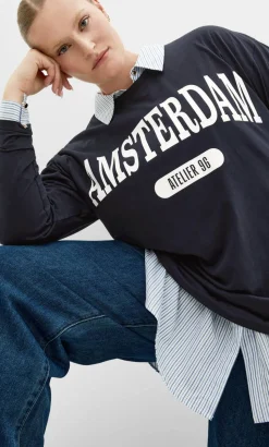 Oversized Amsterdam Long Sleeve Cotton Tee - navy