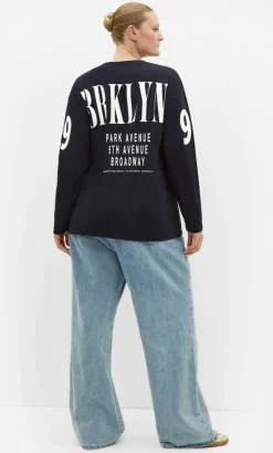 Oversized Brklyn Long Sleeve Cotton Tee - navy