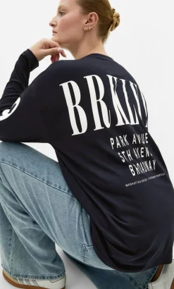 Oversized Brklyn Long Sleeve Cotton Tee - navy