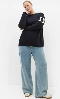 Oversized Brklyn Long Sleeve Cotton Tee - navy