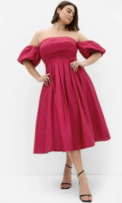 Rosalee Puff Sleeve Midi Dress - raspberry