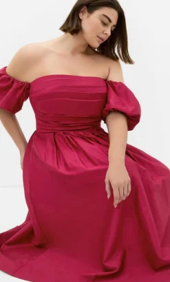 Rosalee Puff Sleeve Midi Dress - raspberry