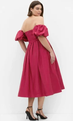 Rosalee Puff Sleeve Midi Dress - raspberry