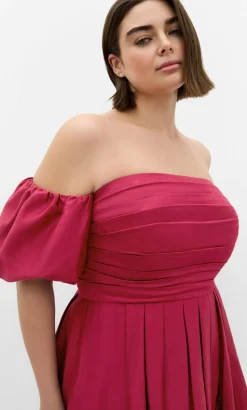 Rosalee Puff Sleeve Midi Dress - raspberry