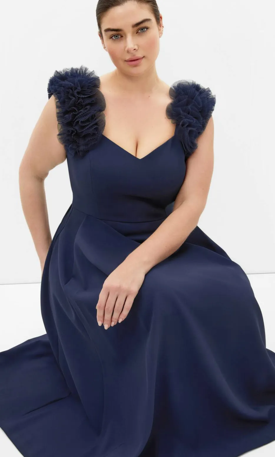 Roselyn Ruffle Tulle Midi Dress - navy