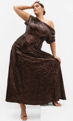 Sequin Off Shoulder Maxi Dress - chocolate