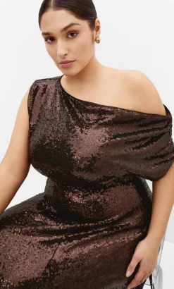 Sequin Off Shoulder Maxi Dress - chocolate