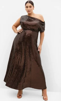 Sequin Off Shoulder Maxi Dress - chocolate