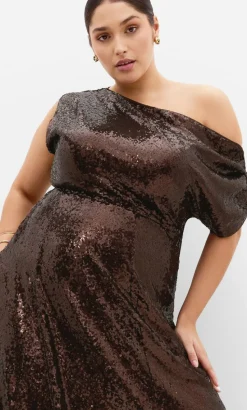 Sequin Off Shoulder Maxi Dress - chocolate