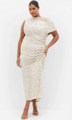 Sequin Star Off Shoulder Maxi Dress - light gold