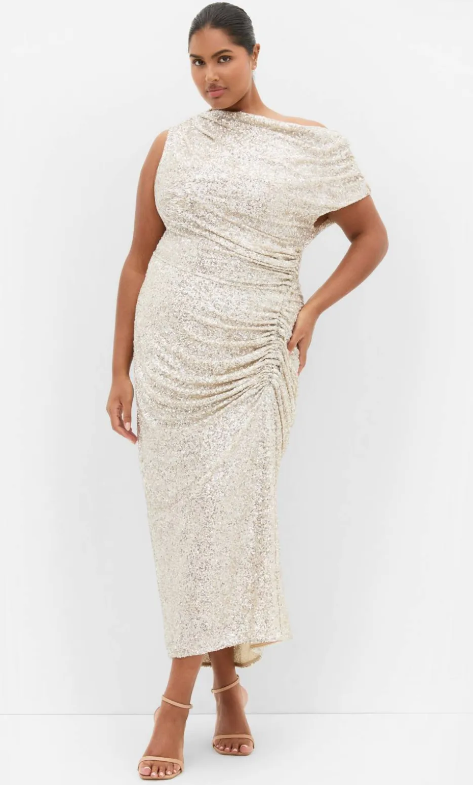 Sequin Star Off Shoulder Maxi Dress - light gold