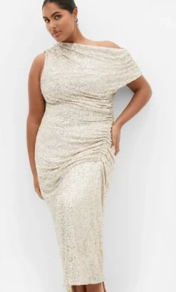 Sequin Star Off Shoulder Maxi Dress - light gold