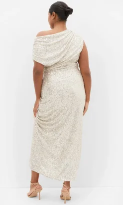 Sequin Star Off Shoulder Maxi Dress - light gold