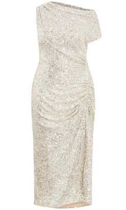 Sequin Star Off Shoulder Maxi Dress - light gold