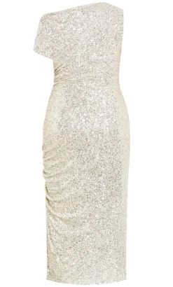 Sequin Star Off Shoulder Maxi Dress - light gold