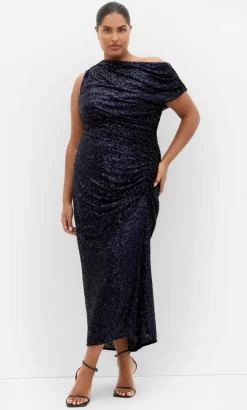 Sequin Star Off Shoulder Maxi Dress - navy