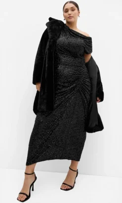 Sequin Star Off Shoulder Maxi Dress - black