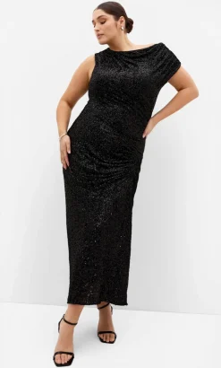 Sequin Star Off Shoulder Maxi Dress - black
