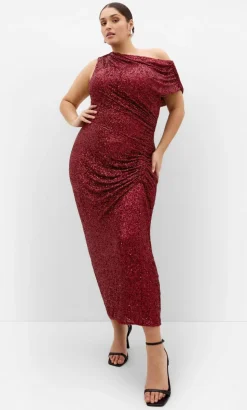 Sequin Star Off Shoulder Maxi Dress - berry