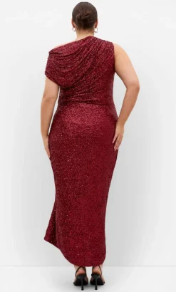 Sequin Star Off Shoulder Maxi Dress - berry
