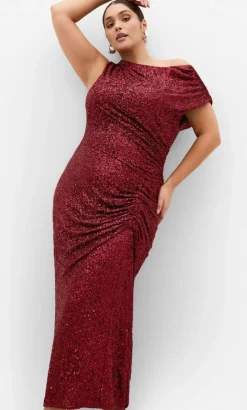 Sequin Star Off Shoulder Maxi Dress - berry