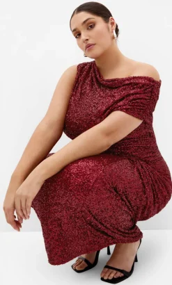 Sequin Star Off Shoulder Maxi Dress - berry
