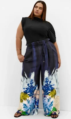Shania Dahlia Print Wide Leg Pant - navy