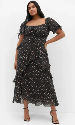 Shayla Ditsy Print Maxi Dress - black