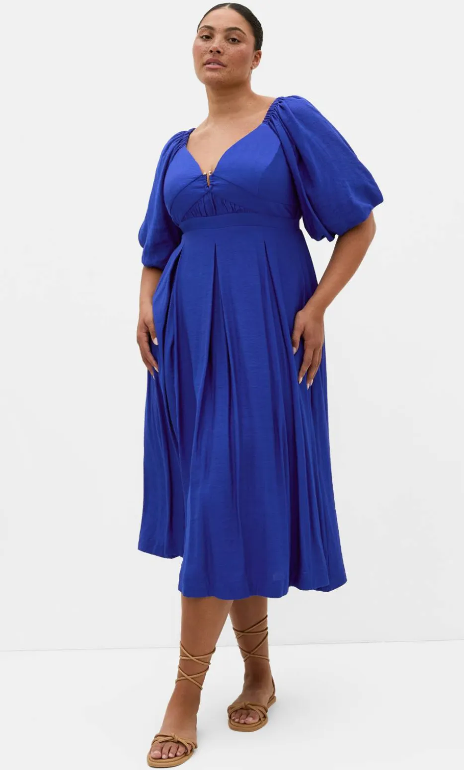 Sheree Puff Sleeve Midi Dress - ocean blue