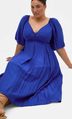 Sheree Puff Sleeve Midi Dress - ocean blue