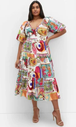 Simona Print Puff Sleeve Dress - neutral