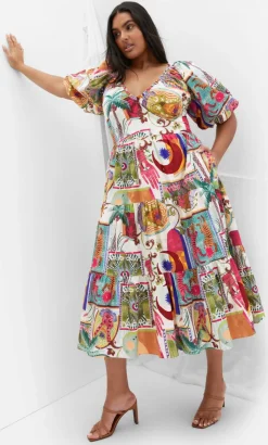 Simona Print Puff Sleeve Dress - neutral