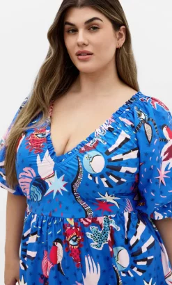 Simona Print Puff Sleeve Mini Dress - blue