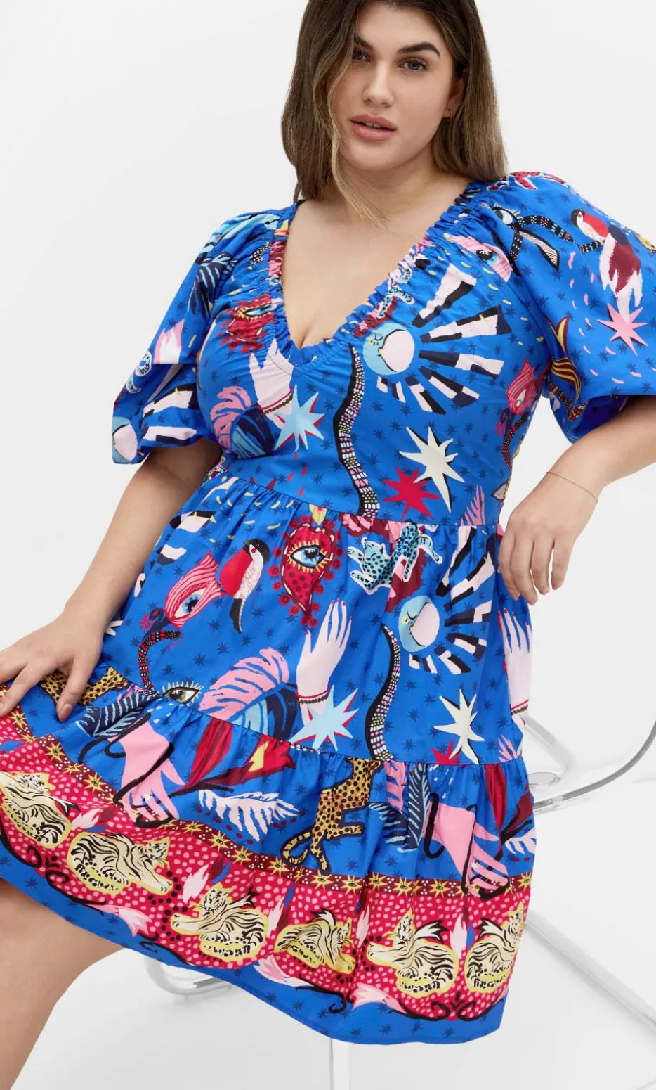Simona Print Puff Sleeve Mini Dress - blue