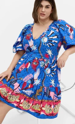 Simona Print Puff Sleeve Mini Dress - blue