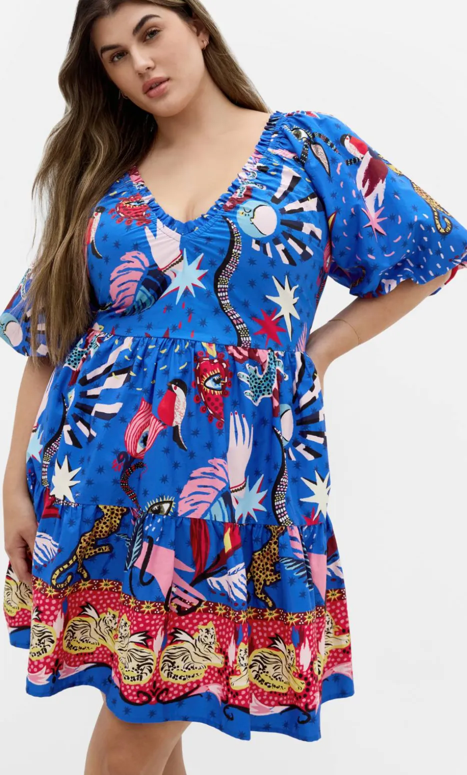 Simona Print Puff Sleeve Mini Dress - blue