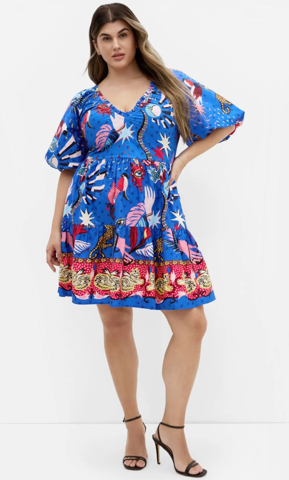 Simona Print Puff Sleeve Mini Dress - blue