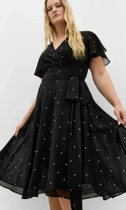 Spot Frill Sleeve Wrap Midi Dress - black