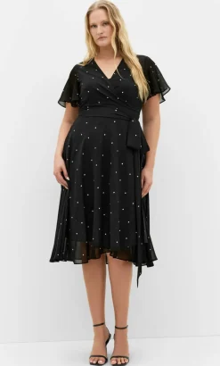 Spot Frill Sleeve Wrap Midi Dress - black