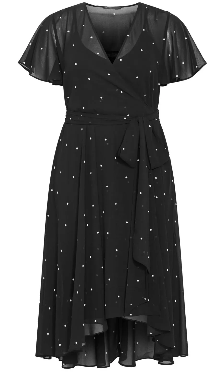 Spot Frill Sleeve Wrap Midi Dress - black