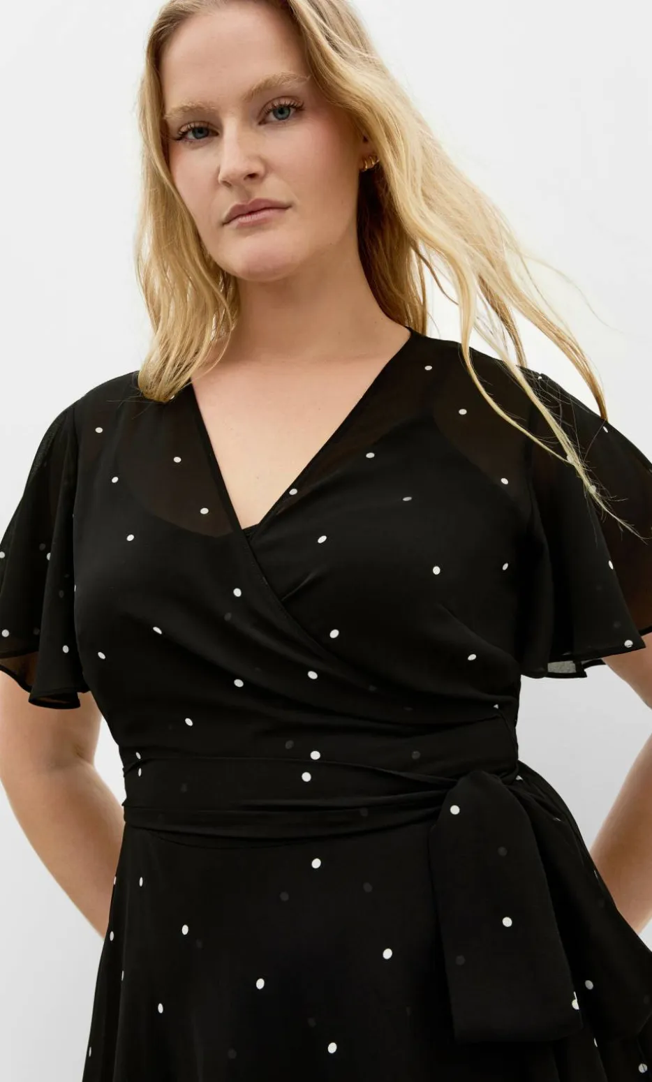 Spot Frill Sleeve Wrap Midi Dress - black