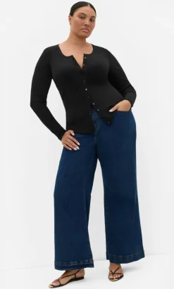 Stretch Button Through Rib Top - black