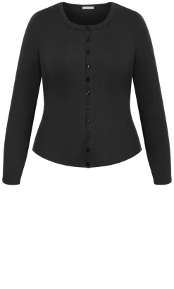 Stretch Button Through Rib Top - black