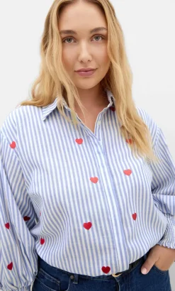 Stripe Heart Print Cotton Shirt - blue
