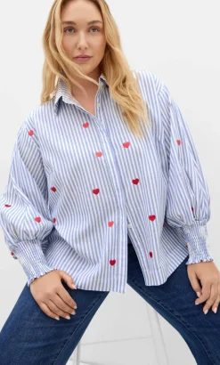 Stripe Heart Print Cotton Shirt - blue