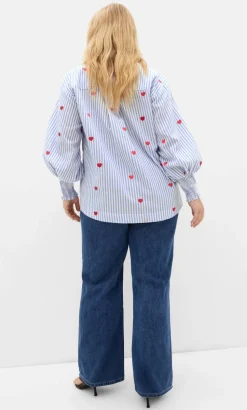 Stripe Heart Print Cotton Shirt - blue