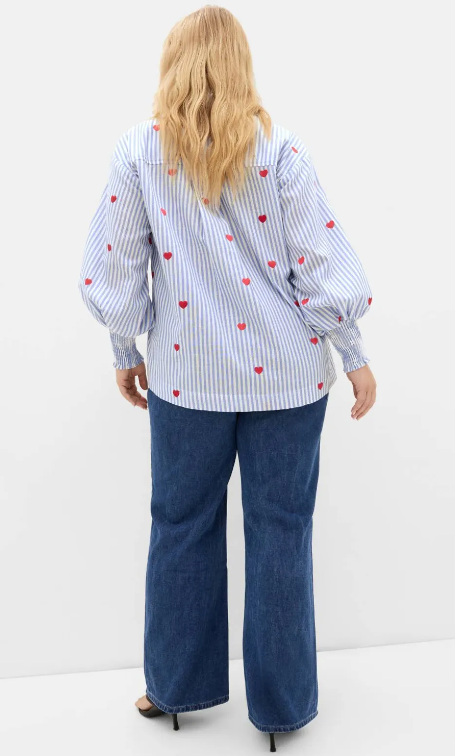 Stripe Heart Print Cotton Shirt - blue